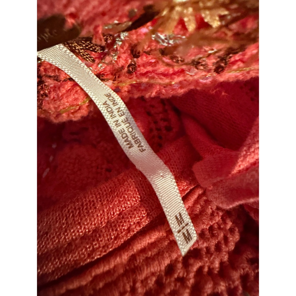 Free People Coral Pink Crochet Embroidered Henley Boho Long Sleeve Top Women M - Picture 9 of 15